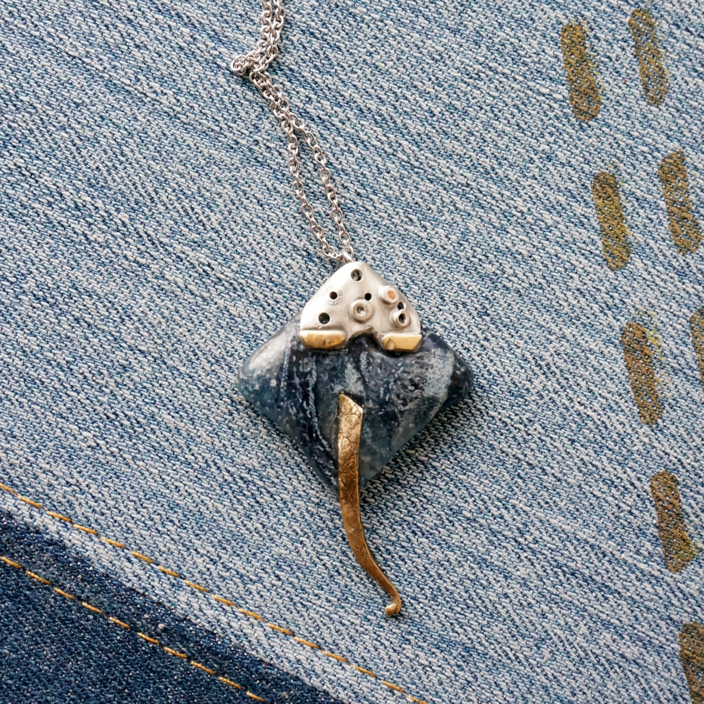 Stingray - Denim Necklace, sterling silver and brass
