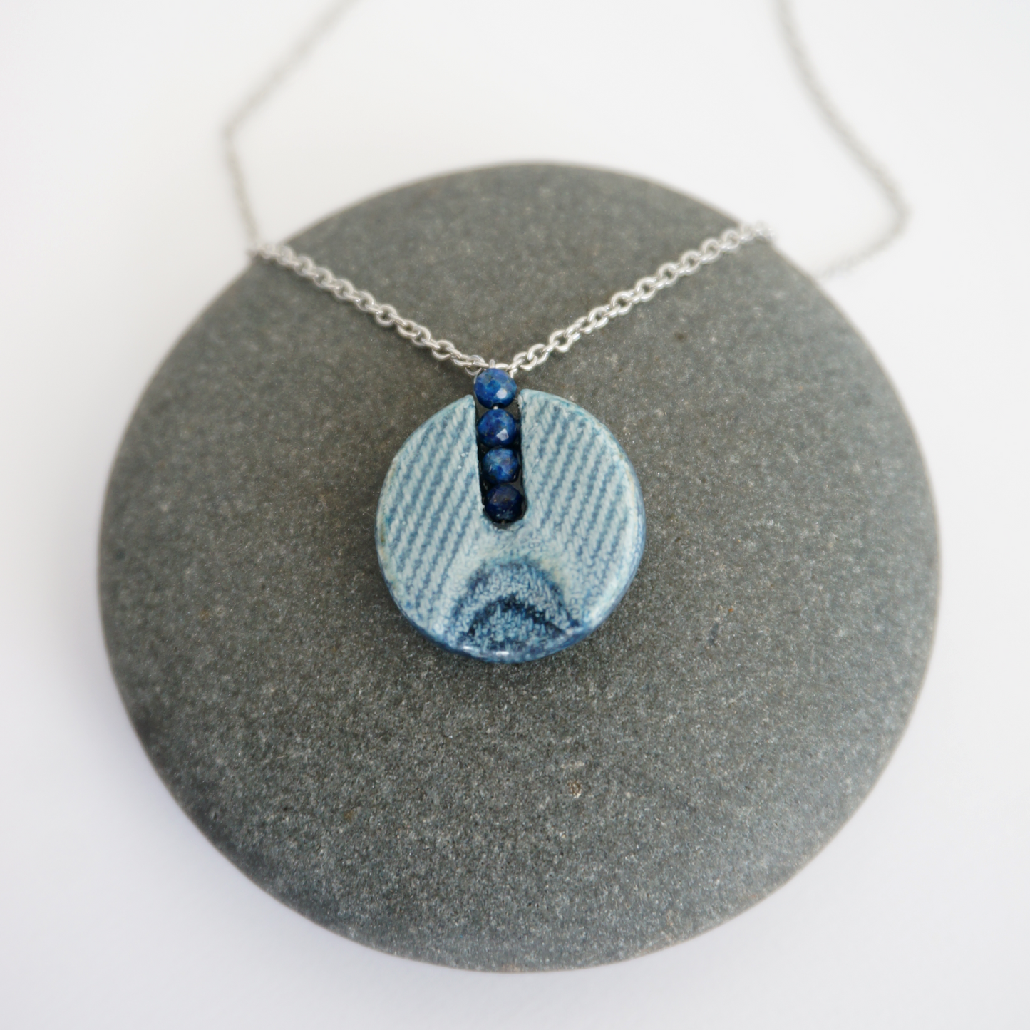 "Circle Stories"3 - Denim and Lapis Lazuli Stone Beads Necklace