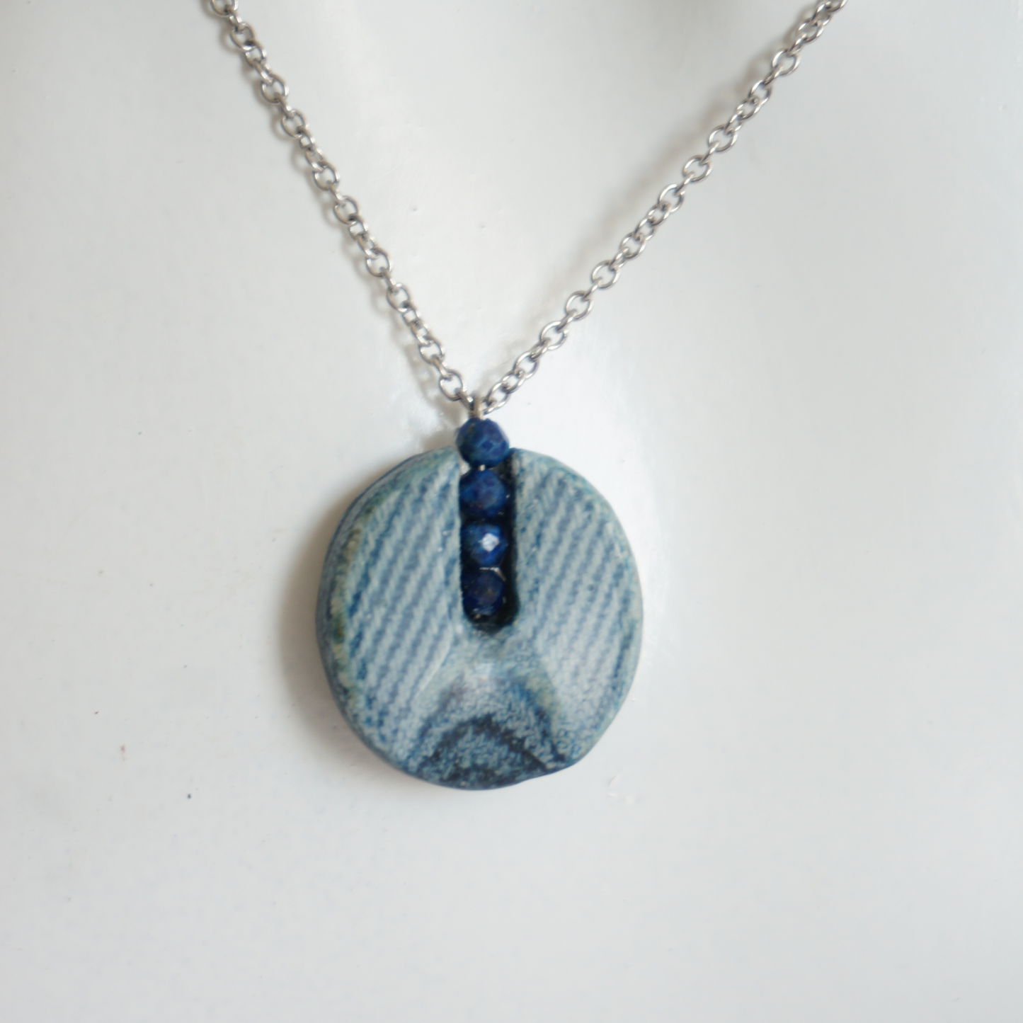 "Circle Stories"3 - Denim and Lapis Lazuli Stone Beads Necklace