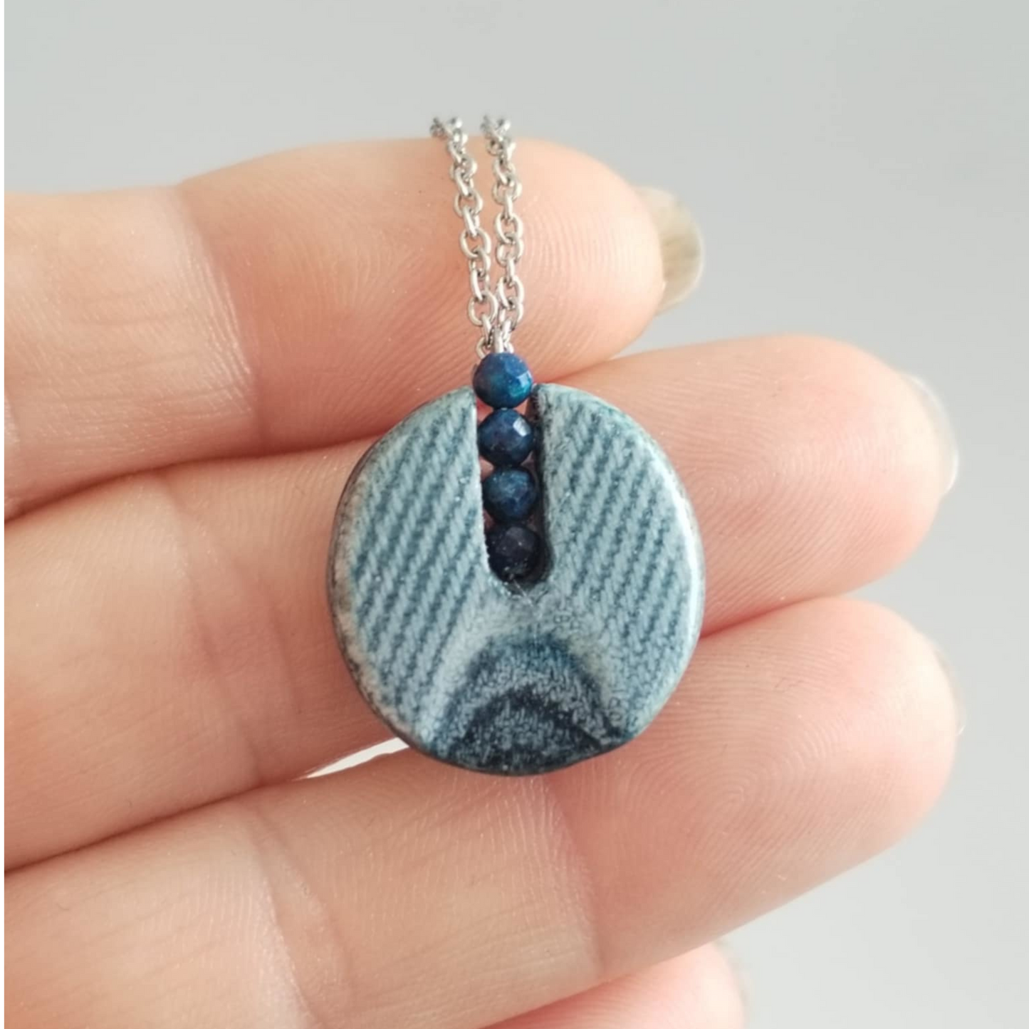 "Circle Stories"3 - Denim and Lapis Lazuli Stone Beads Necklace