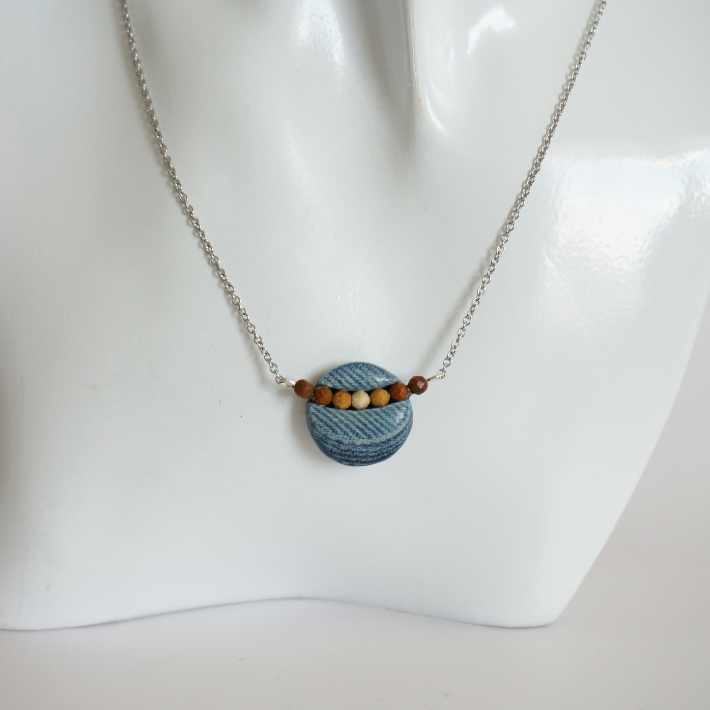 "Circle stories"1 - Denim and Jaspar Stone Beads Necklace