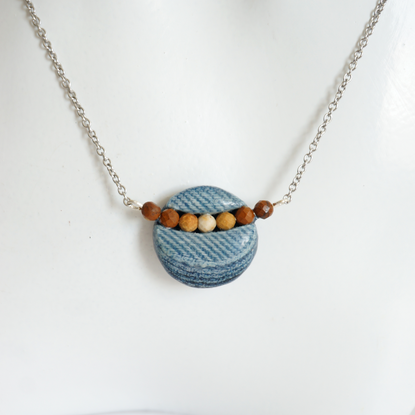 "Circle stories"1 - Denim and Jaspar Stone Beads Necklace