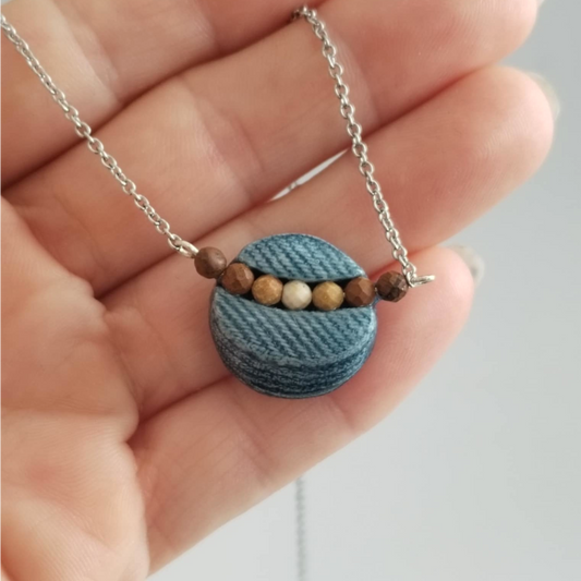 "Circle stories"1 - Denim and Jaspar Stone Beads Necklace