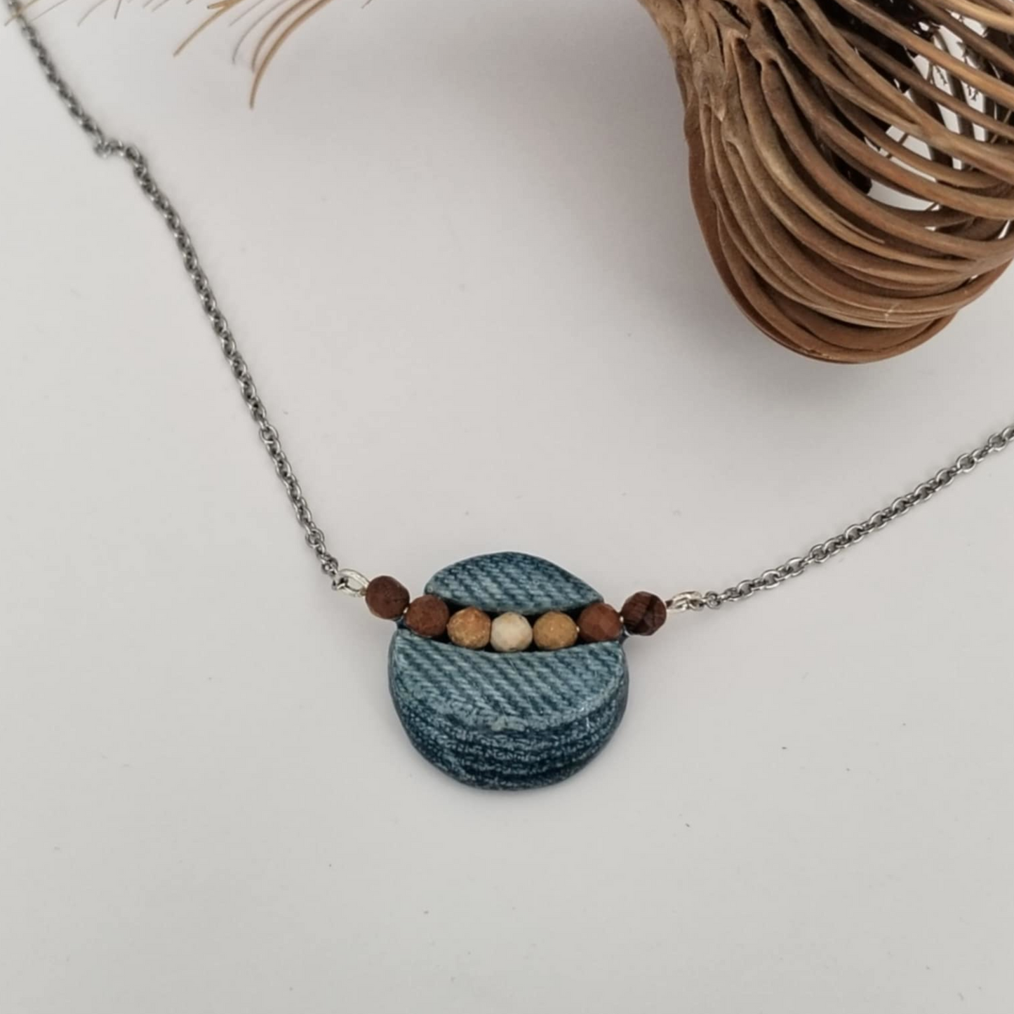 "Circle stories"1 - Denim and Jaspar Stone Beads Necklace