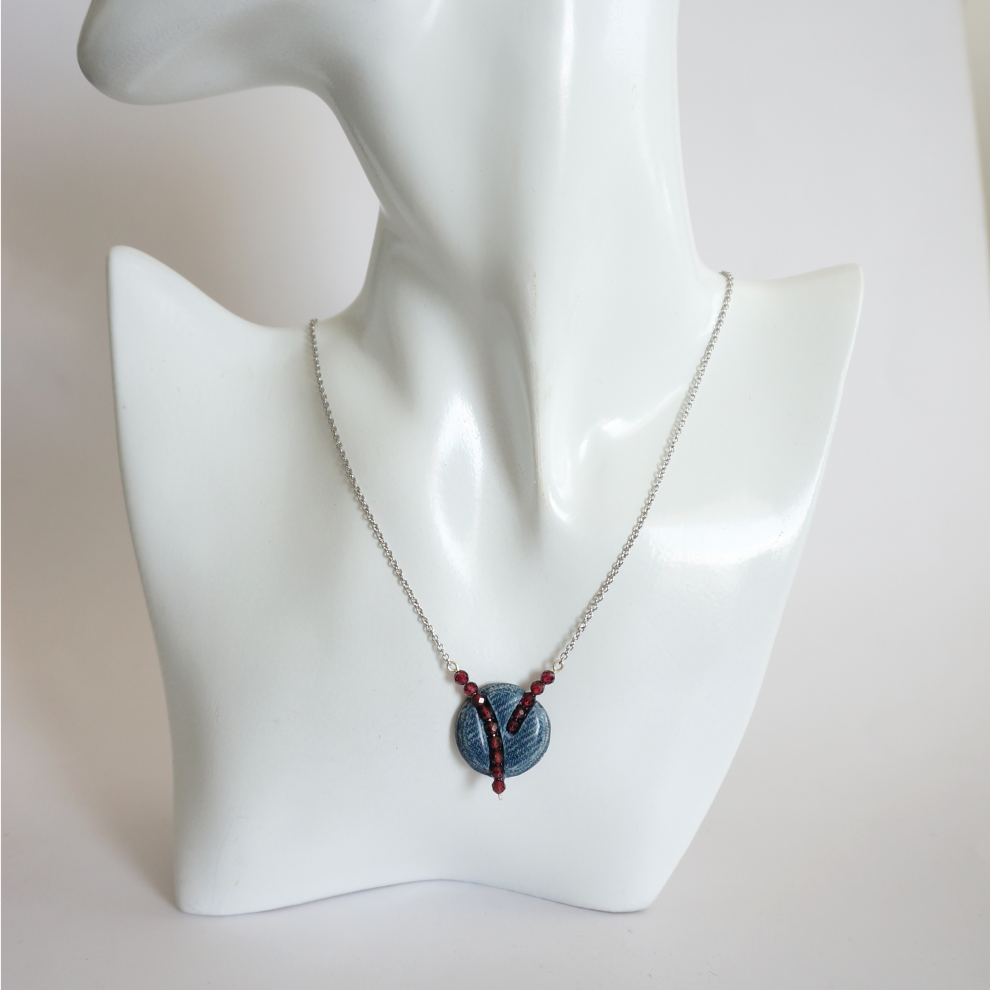 "Circle Stories"2 - Denim and Red Garnet Stone Beads Necklace