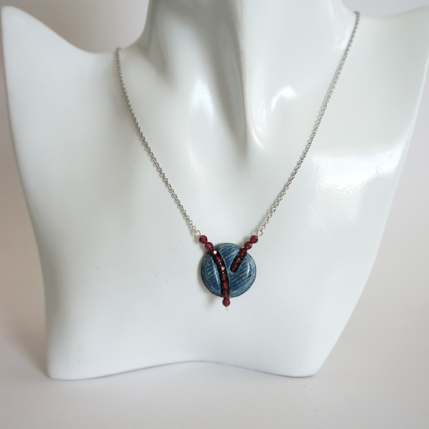 "Circle Stories"2 - Denim and Red Garnet Stone Beads Necklace