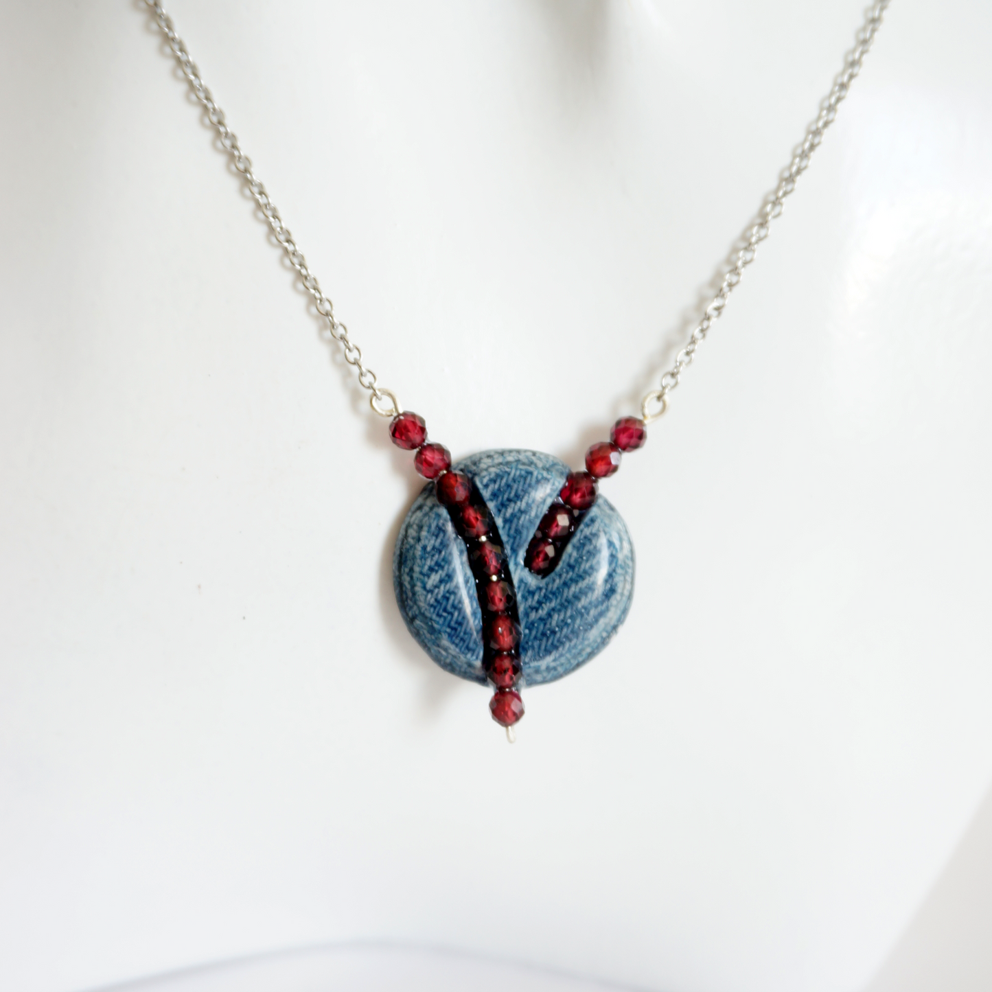 "Circle Stories"2 - Denim and Red Garnet Stone Beads Necklace