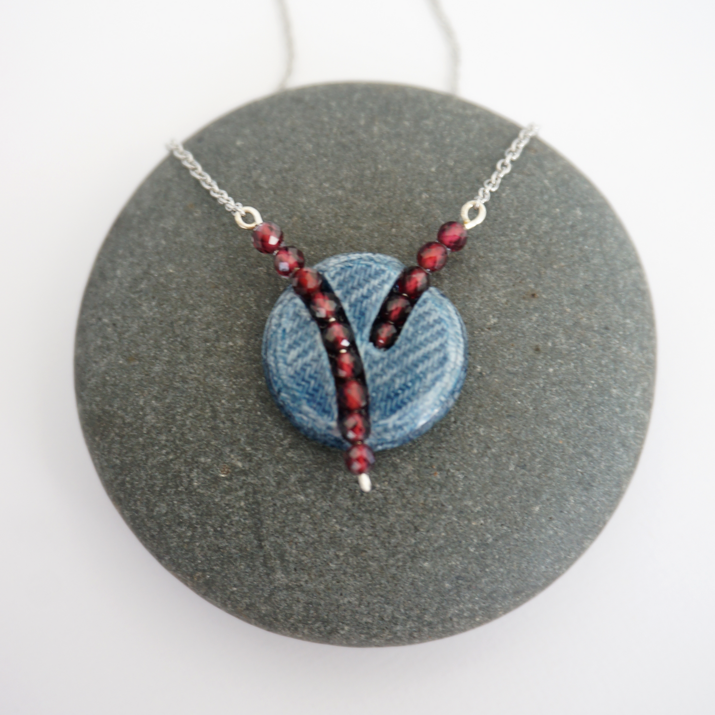 "Circle Stories"2 - Denim and Red Garnet Stone Beads Necklace