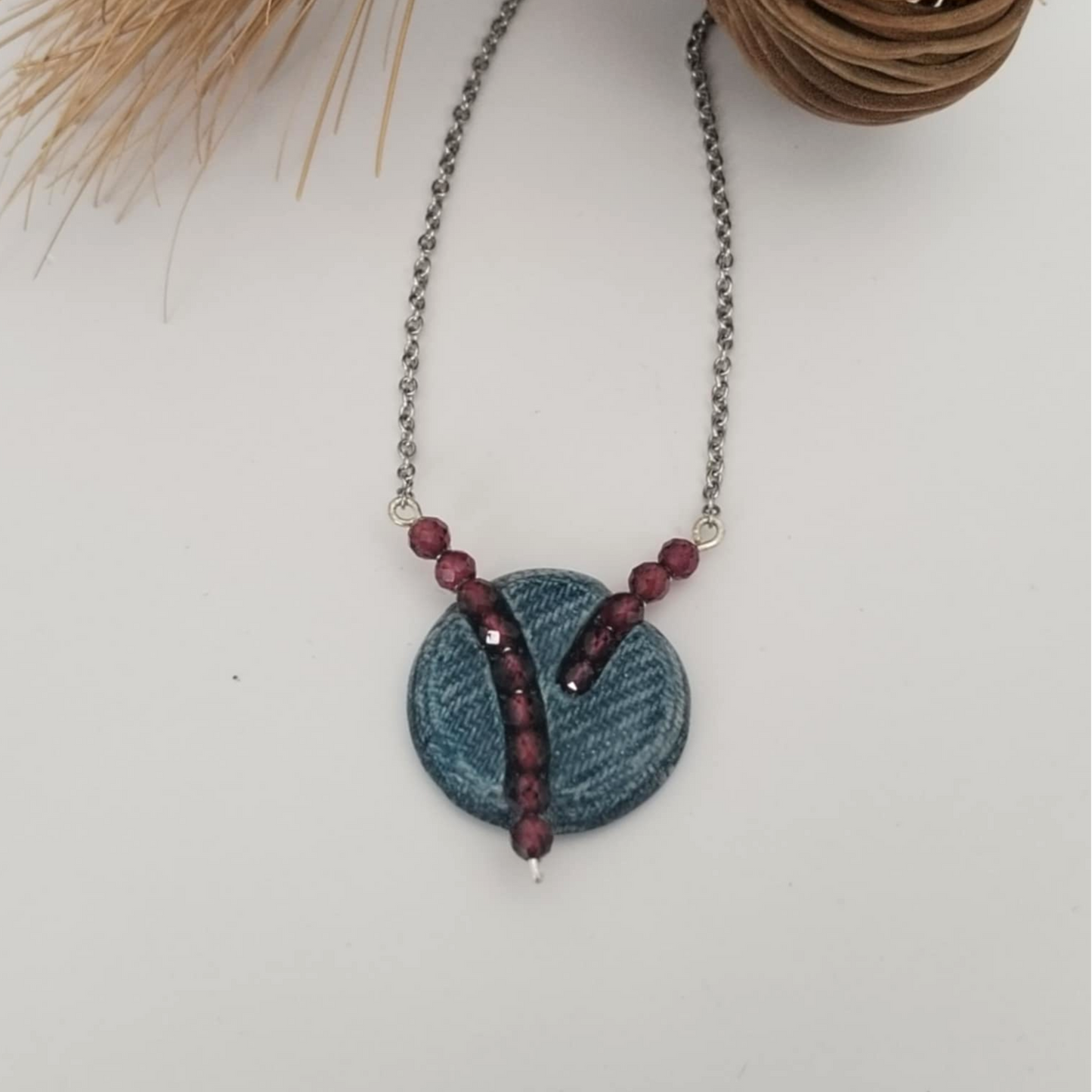 "Circle Stories"2 - Denim and Red Garnet Stone Beads Necklace
