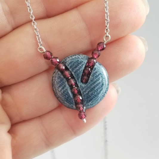"Circle Stories"2 - Denim and Red Garnet Stone Beads Necklace