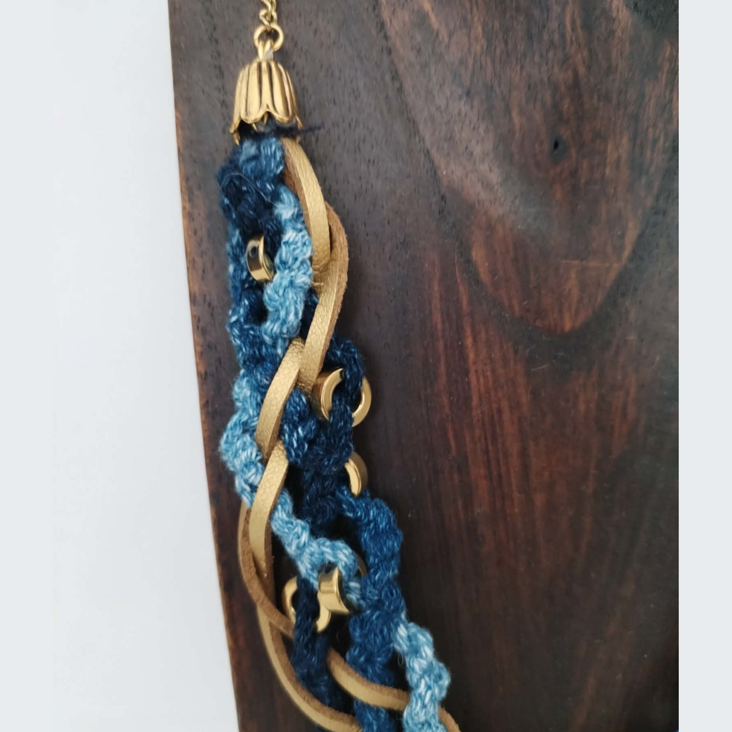 "Garden" - Denim, Leather and Golden Hematite Necklace