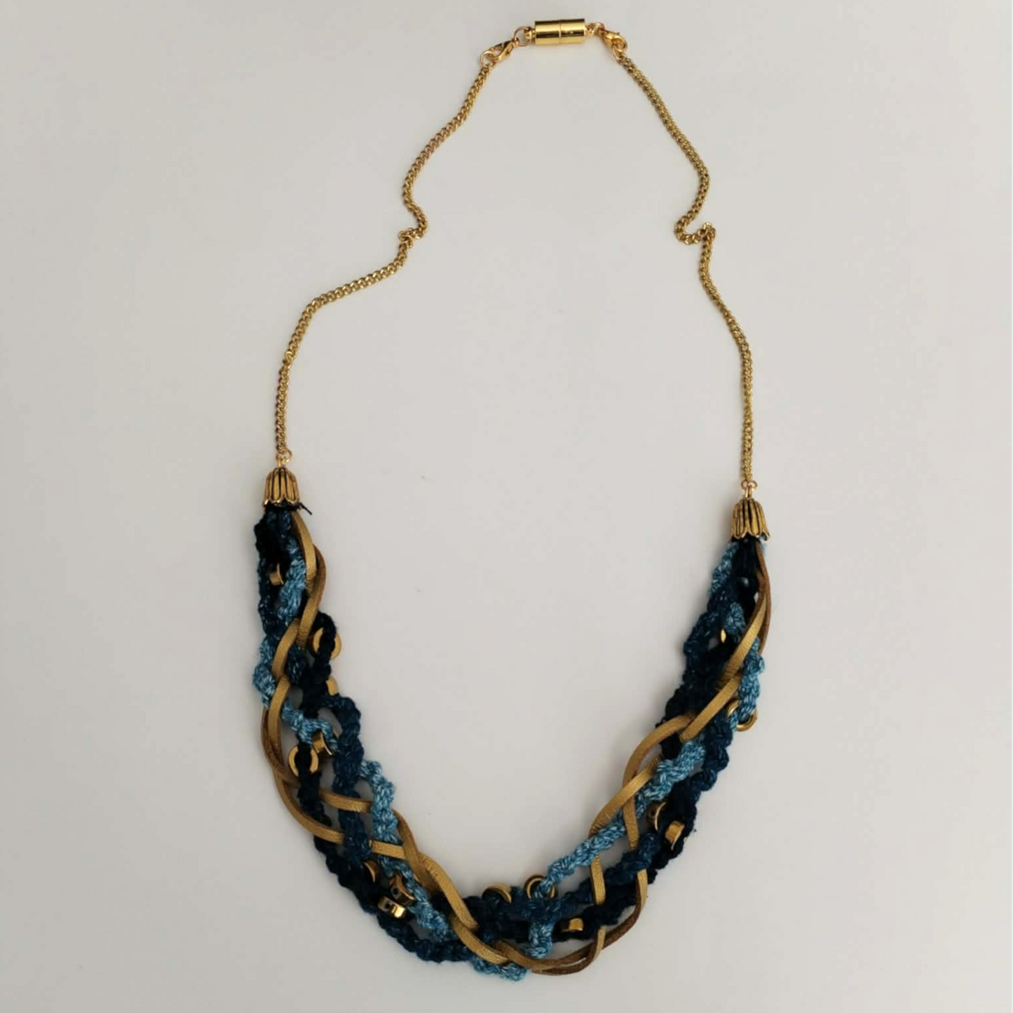 "Garden" - Denim, Leather and Golden Hematite Necklace