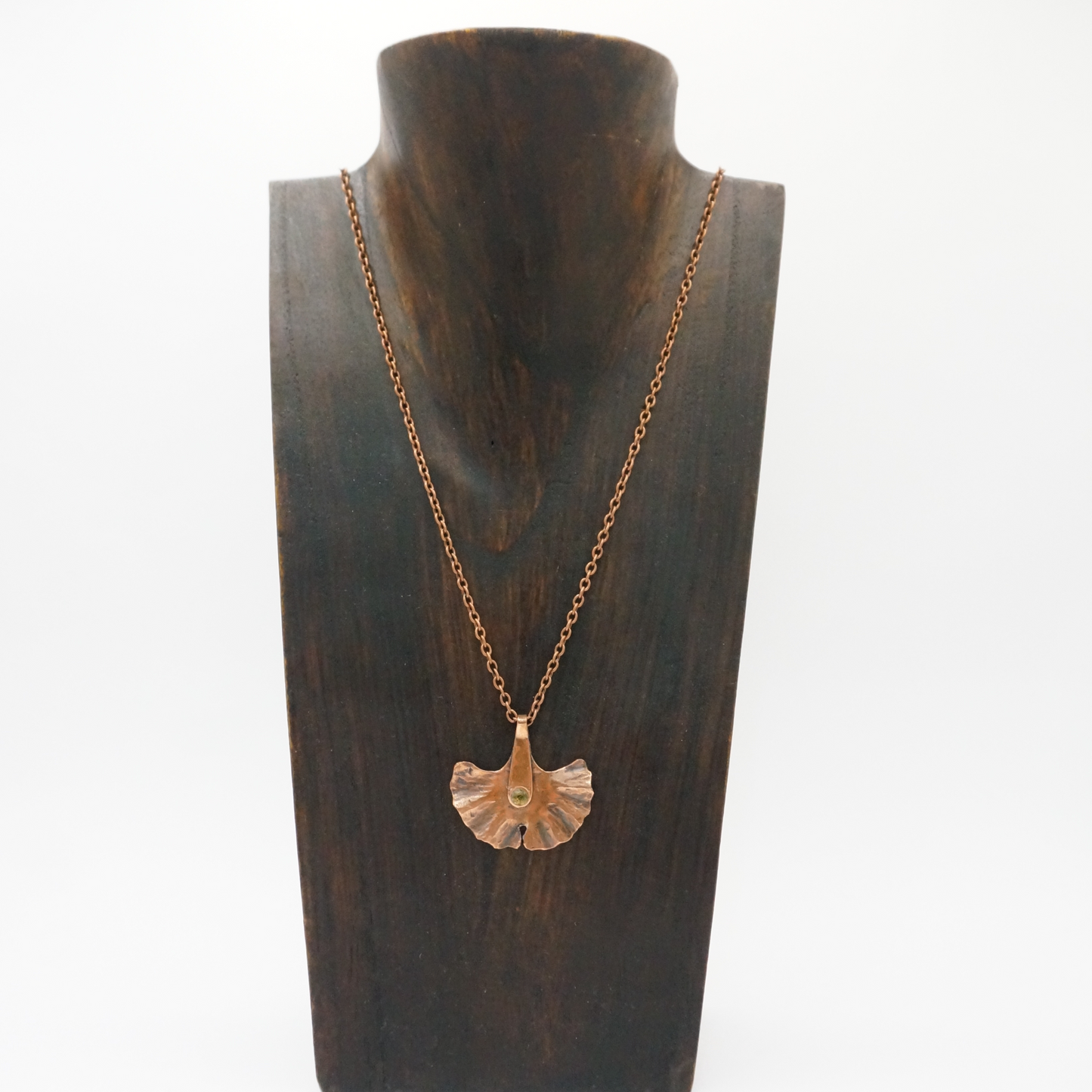 Gingko Leaf - copper necklace with  precious peridot stone.