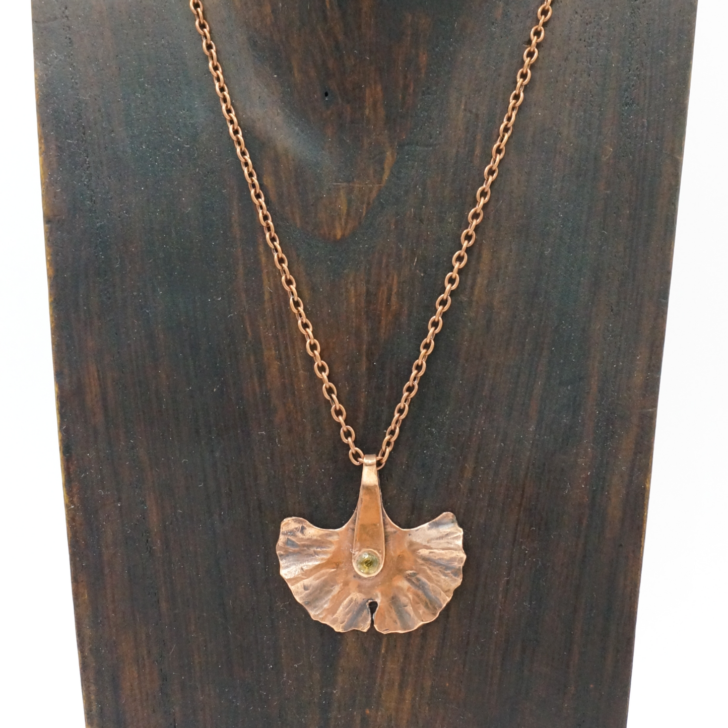Gingko Leaf - copper necklace with  precious peridot stone.