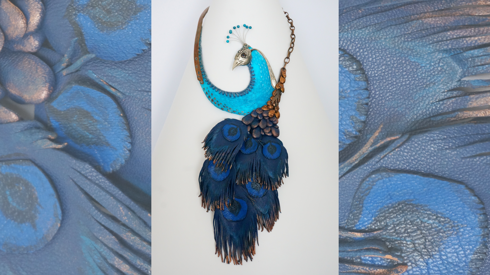 Load video: For "The Peacock", she used a vintage spoon, copper, plastic, denim, leather, turquoise beads, and resin. The piece is inspired by the peacock’s transformation—a fleeting yet powerful moment of rebirth.