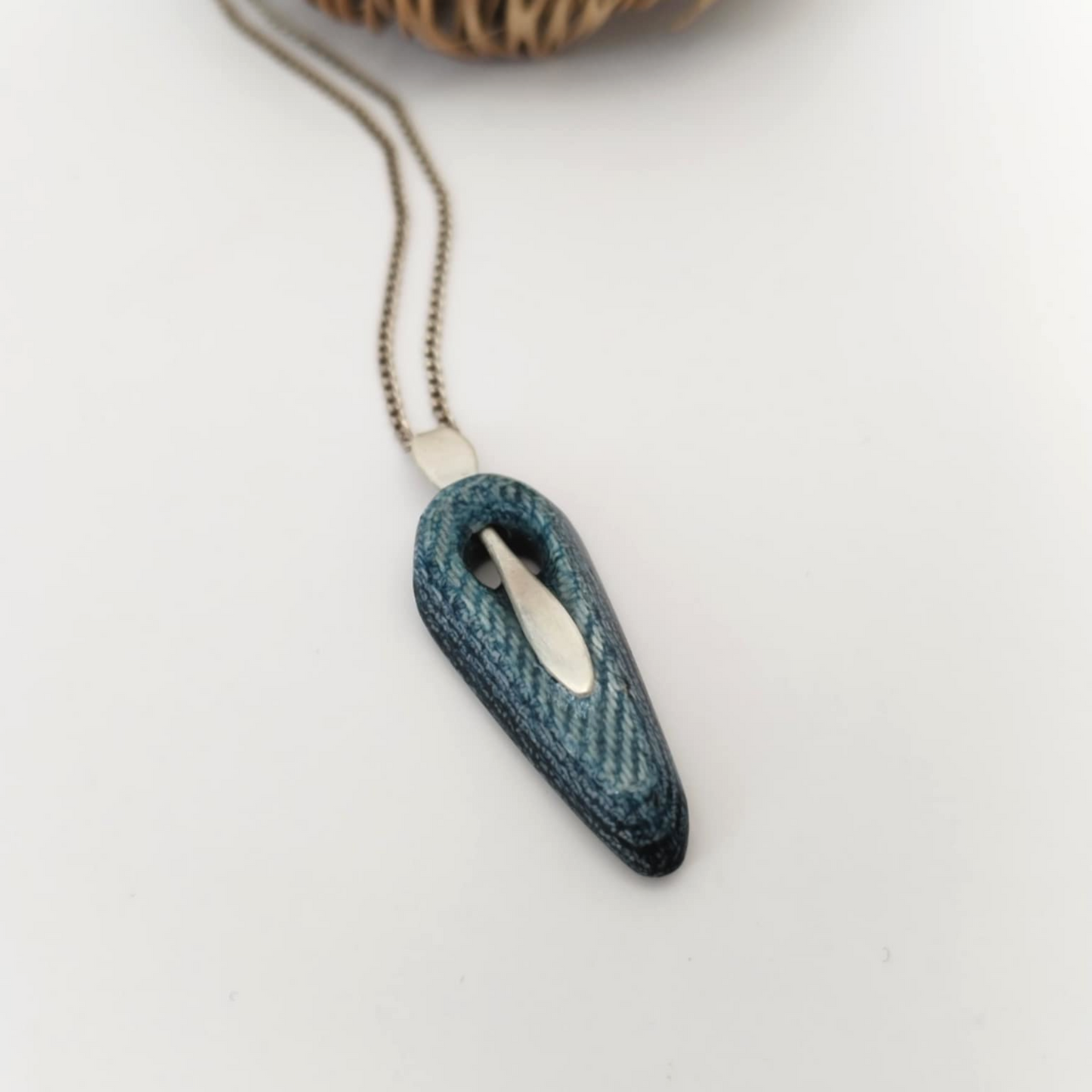 " Silver Drop" - Denim and Sterling Silver Necklace