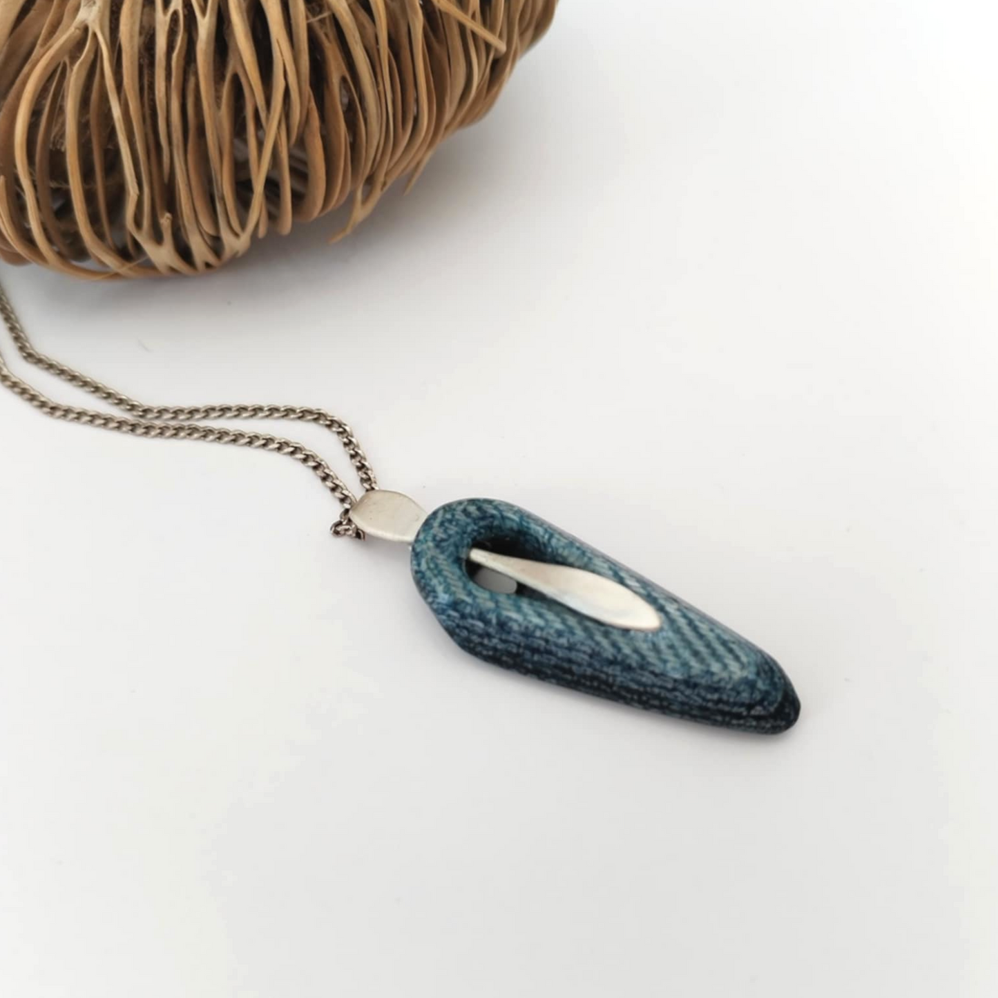 " Silver Drop" - Denim and Sterling Silver Necklace