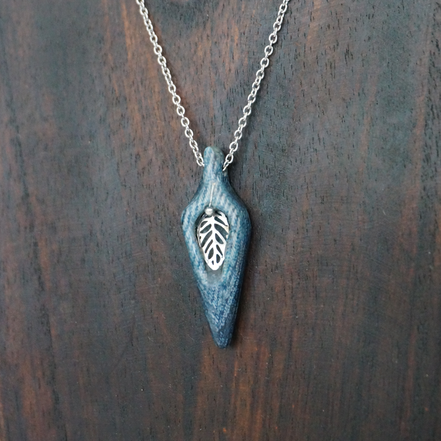"The Leaf" - Denim and Stainless Steel Necklace